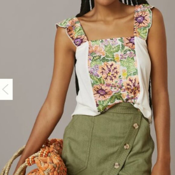 Anthropologie Tops - Anthropologie Tiny Marin Floral Ruffle Strap Blouse - Cream and Multicolor